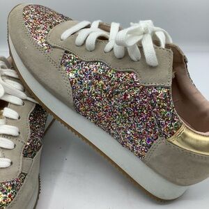 kate spade Beige Suede Sneakers with Multicolor Glitter & Gold Accent